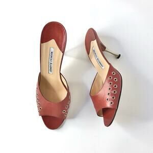 Manolo Blahnik Retro Vintage Brown Leather Grommet Slip On Mules Sandals 40